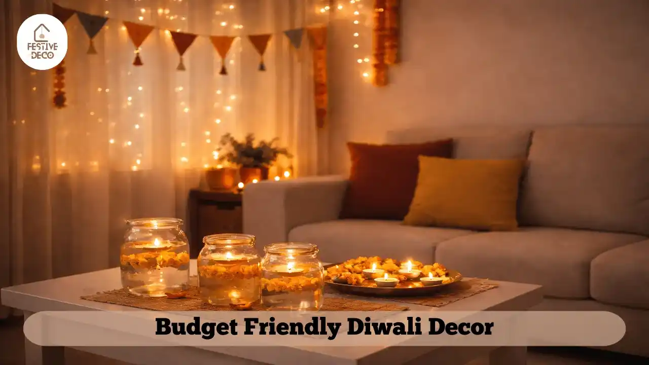 Affordable Diwali decoration ideas at home using diyas, fairy lights, and handmade paper decor.