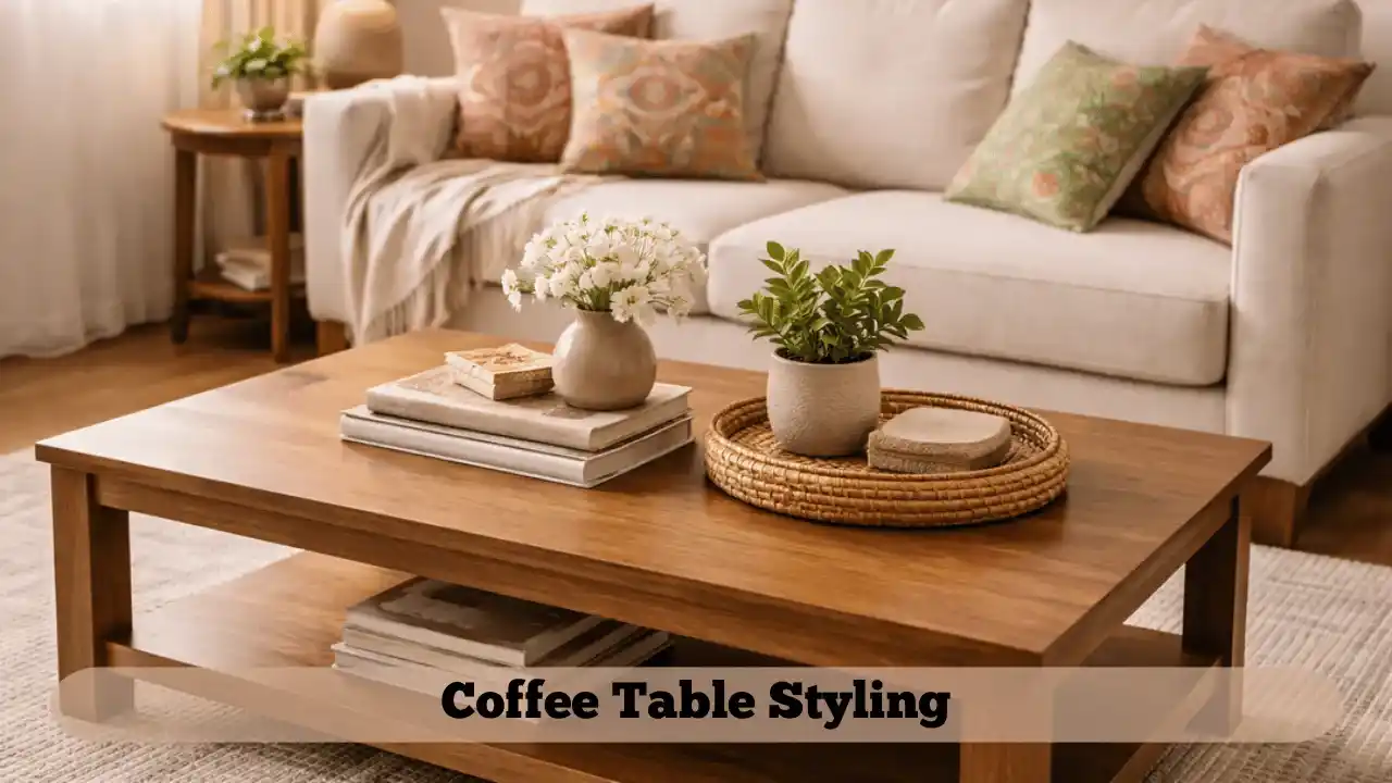 Coffee table styling for living room decoration ideas in an Indian home interior setup.
