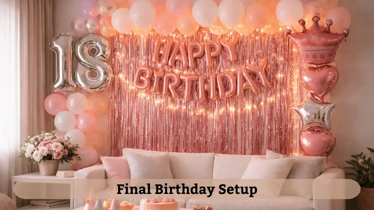 Complete birthday decoration ideas at home setup in a cozy Indian living room.