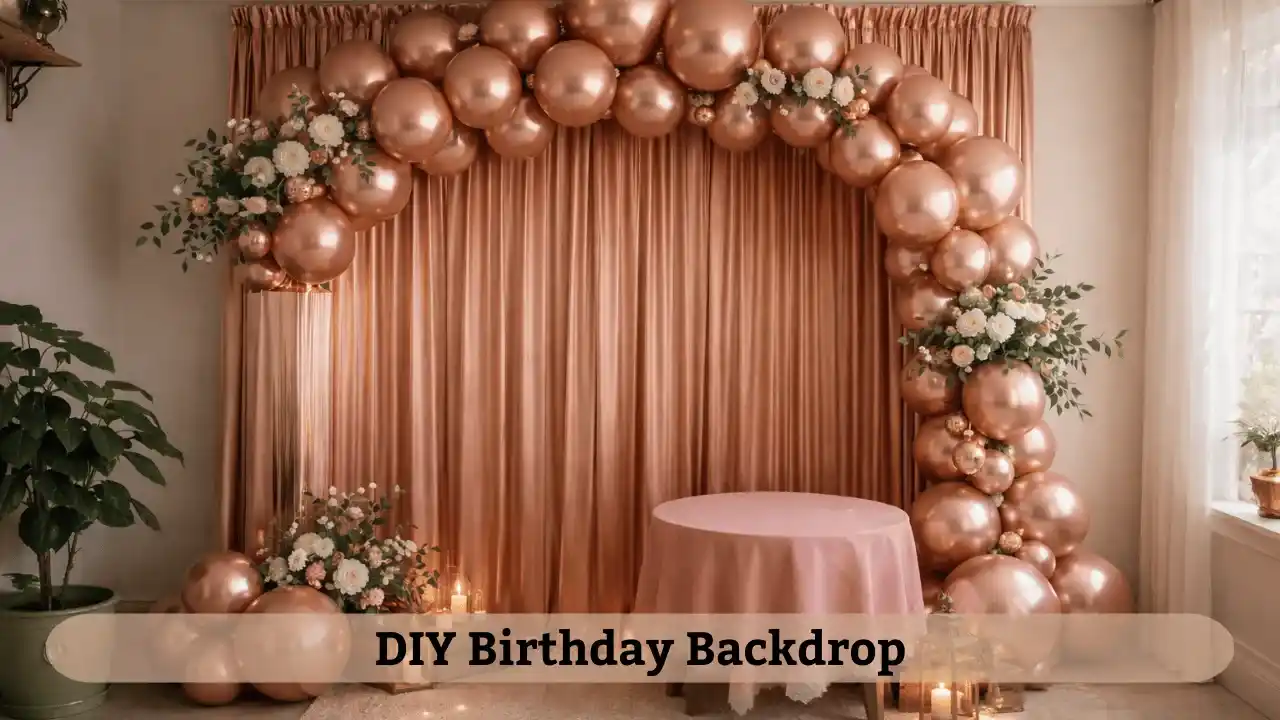 Curtain backdrop for birthday decoration at home in a natural living room setting.
