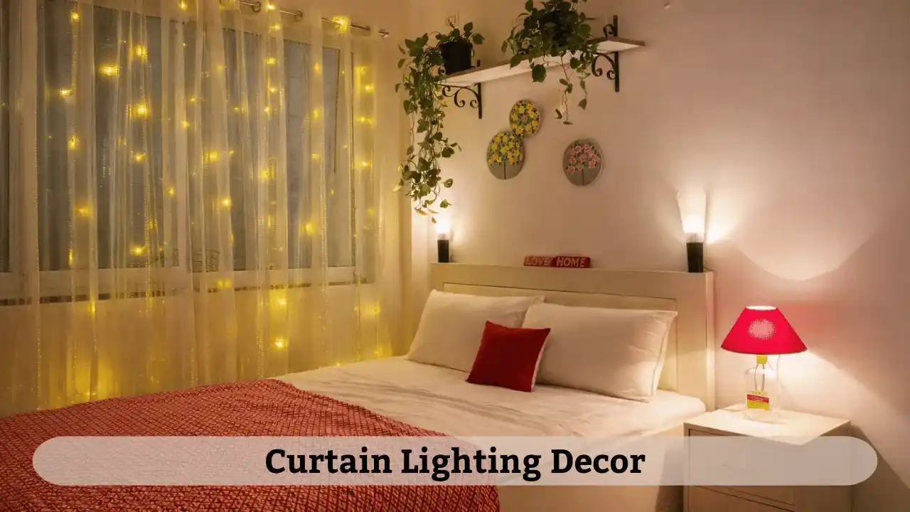 Curtain fairy lights used as a low budget home decoration idea to improve living room lighting setup.