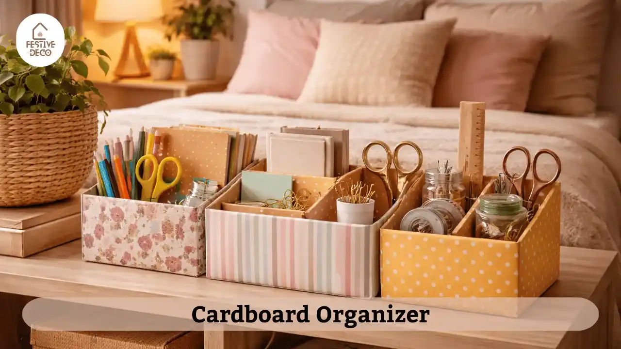 DIY cardboard box organizers reused for storage as part of low budget home decor ideas.