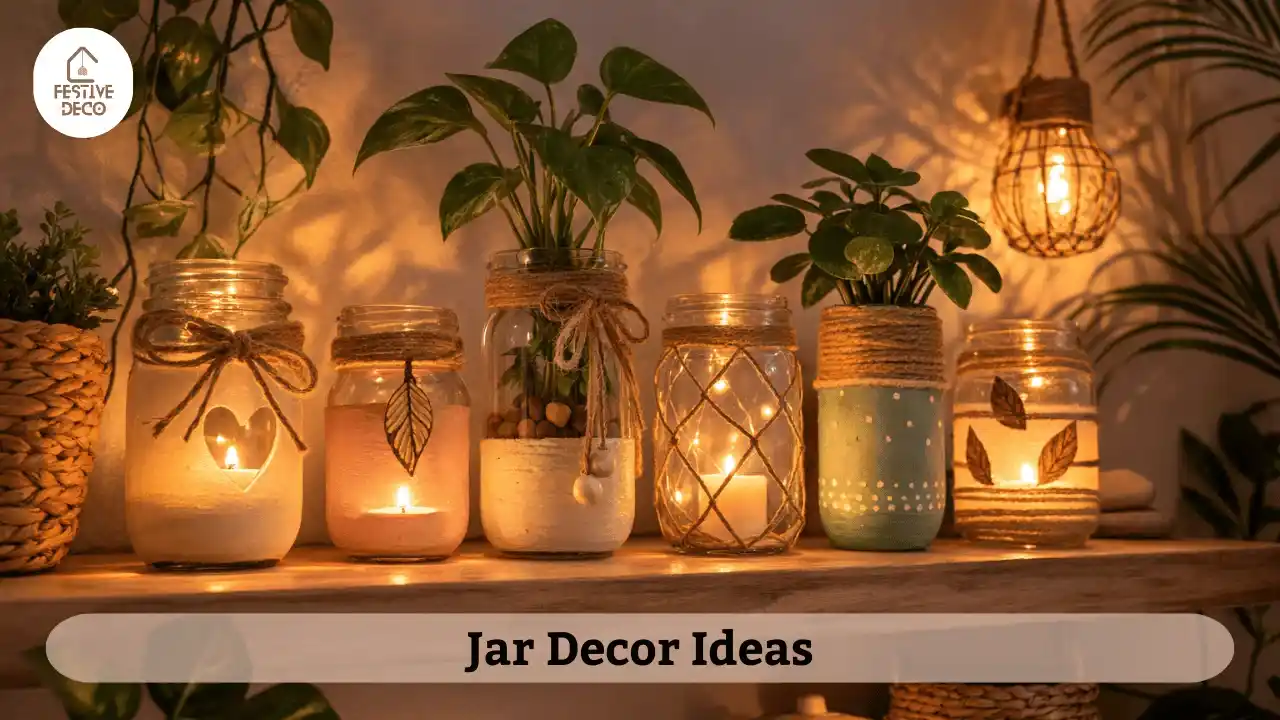 Decorated glass jars reused as planters and candle holders for eco-friendly home decor.