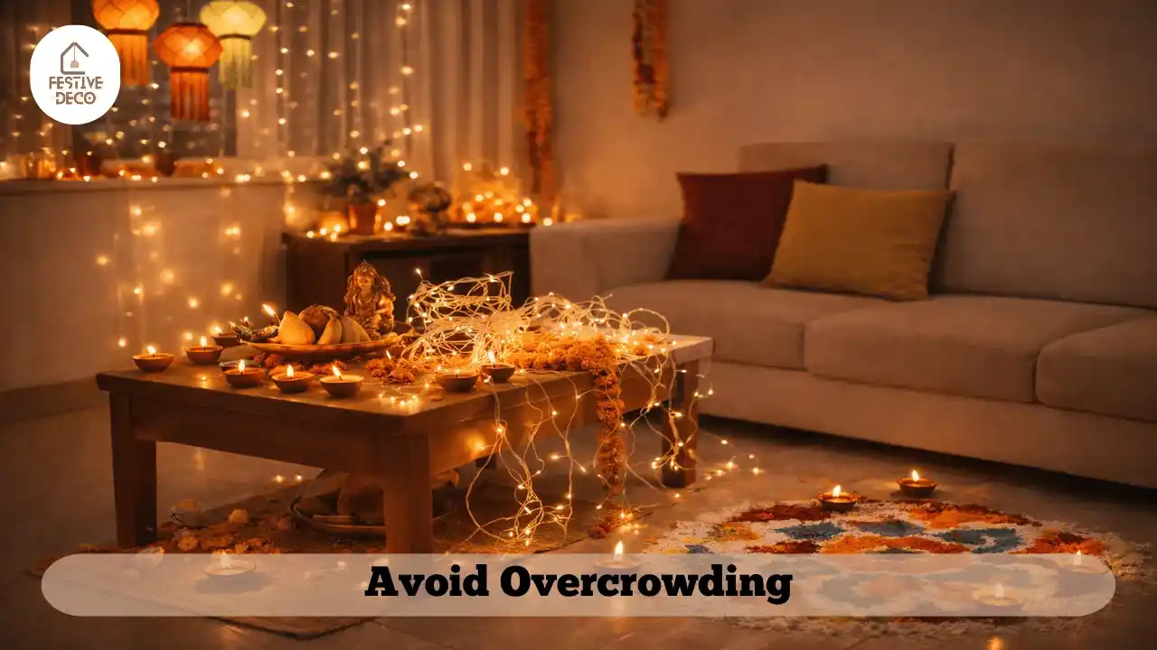 Example of overcrowded Diwali decoration at home showing why balanced decor works better.