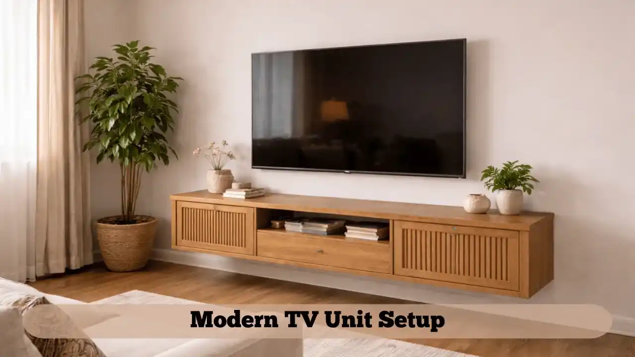 Floating TV unit styling for modern living room interior design in Indian homes.