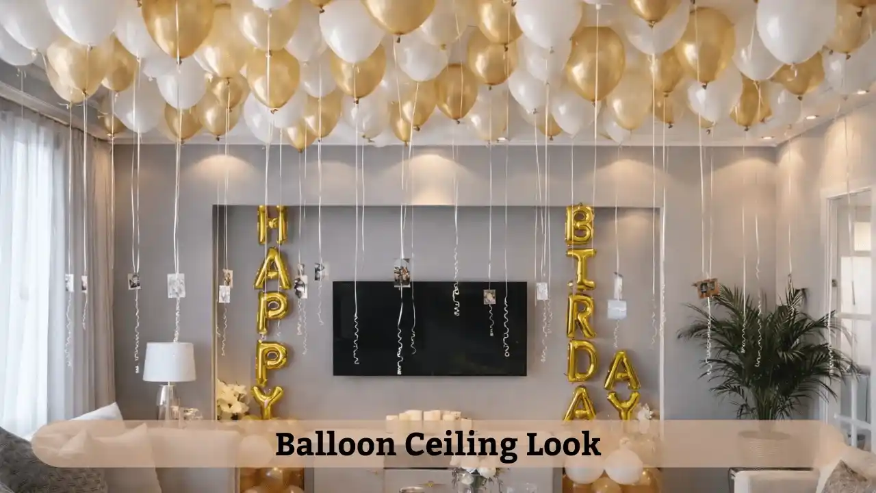 Floating balloon ceiling decoration for birthday party setup at home.