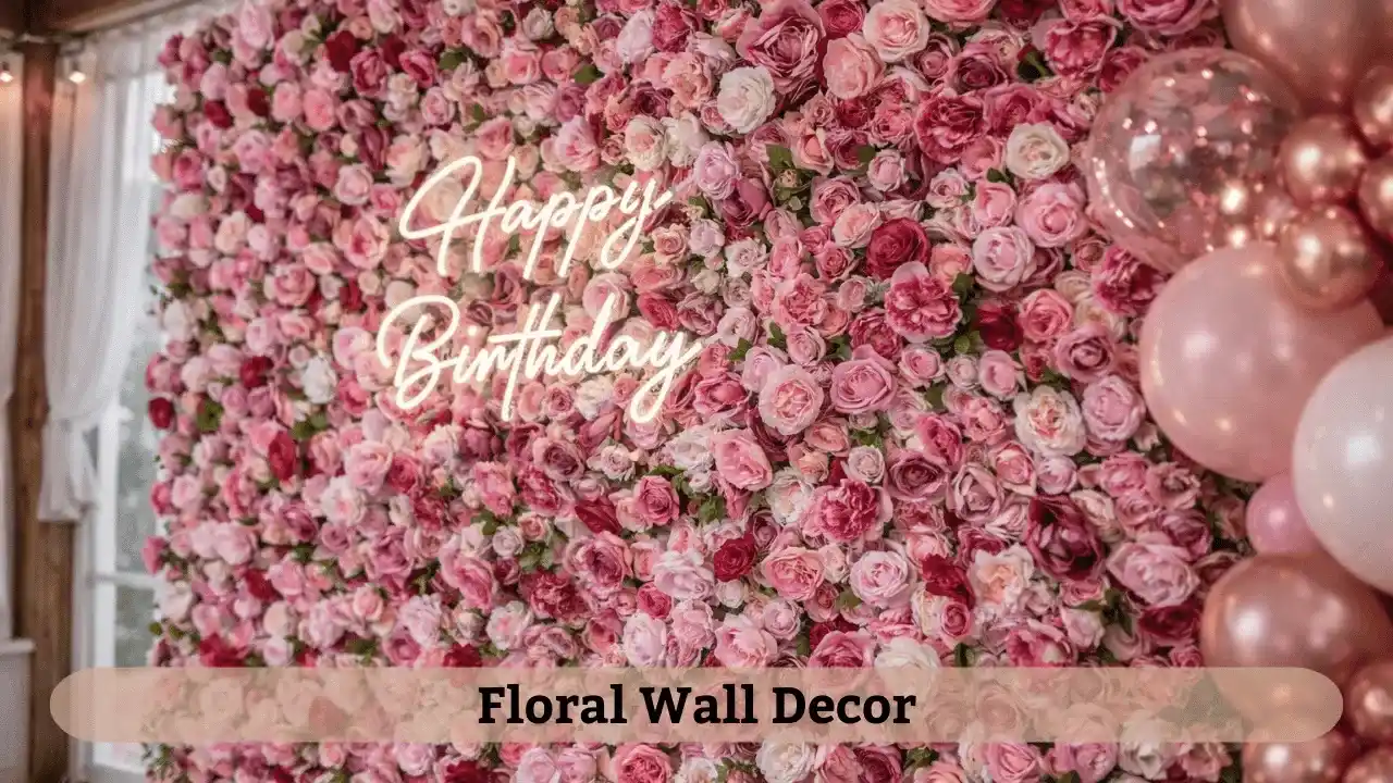 Floral wall accent with flower garlands arranged for elegant birthday decoration at home celebration.