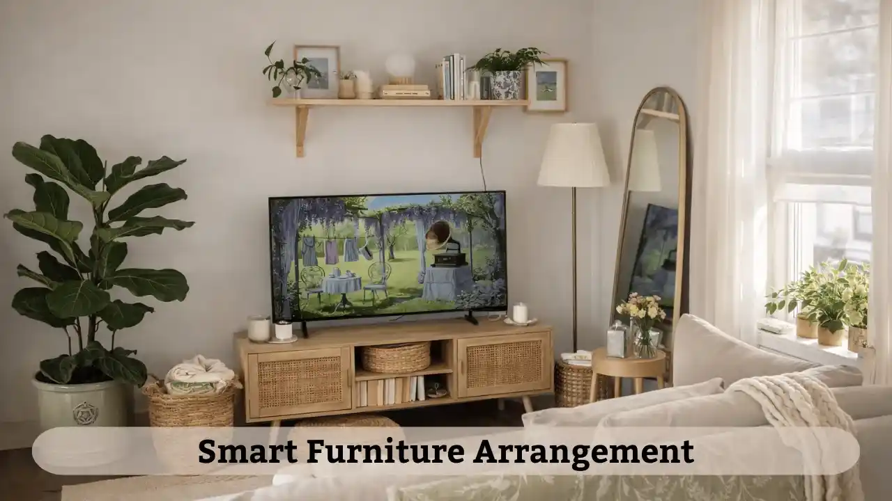 Furniture arrangement idea for low budget home decoration to make a small Indian living room look spacious and organized.