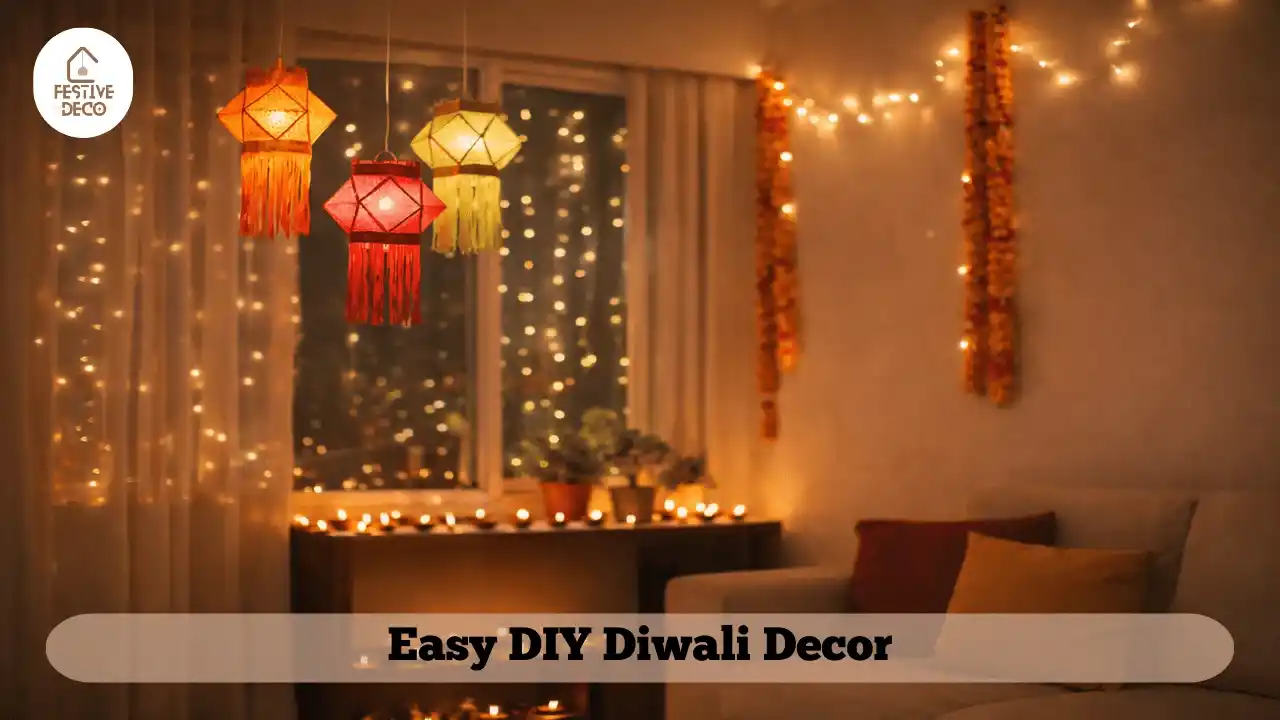 Handmade Diwali decoration ideas using paper lanterns and fairy lights inside a simple Indian home.