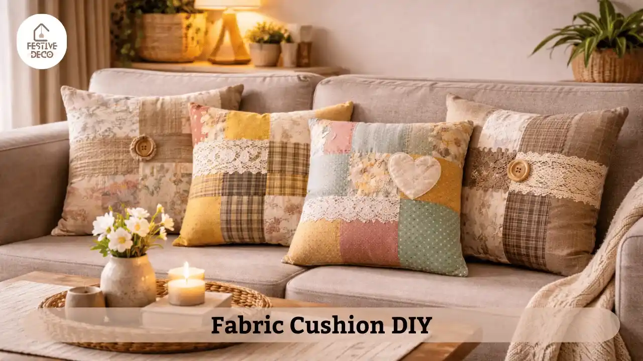 Handmade cushion covers created from fabric scraps for eco-friendly DIY home decor.
