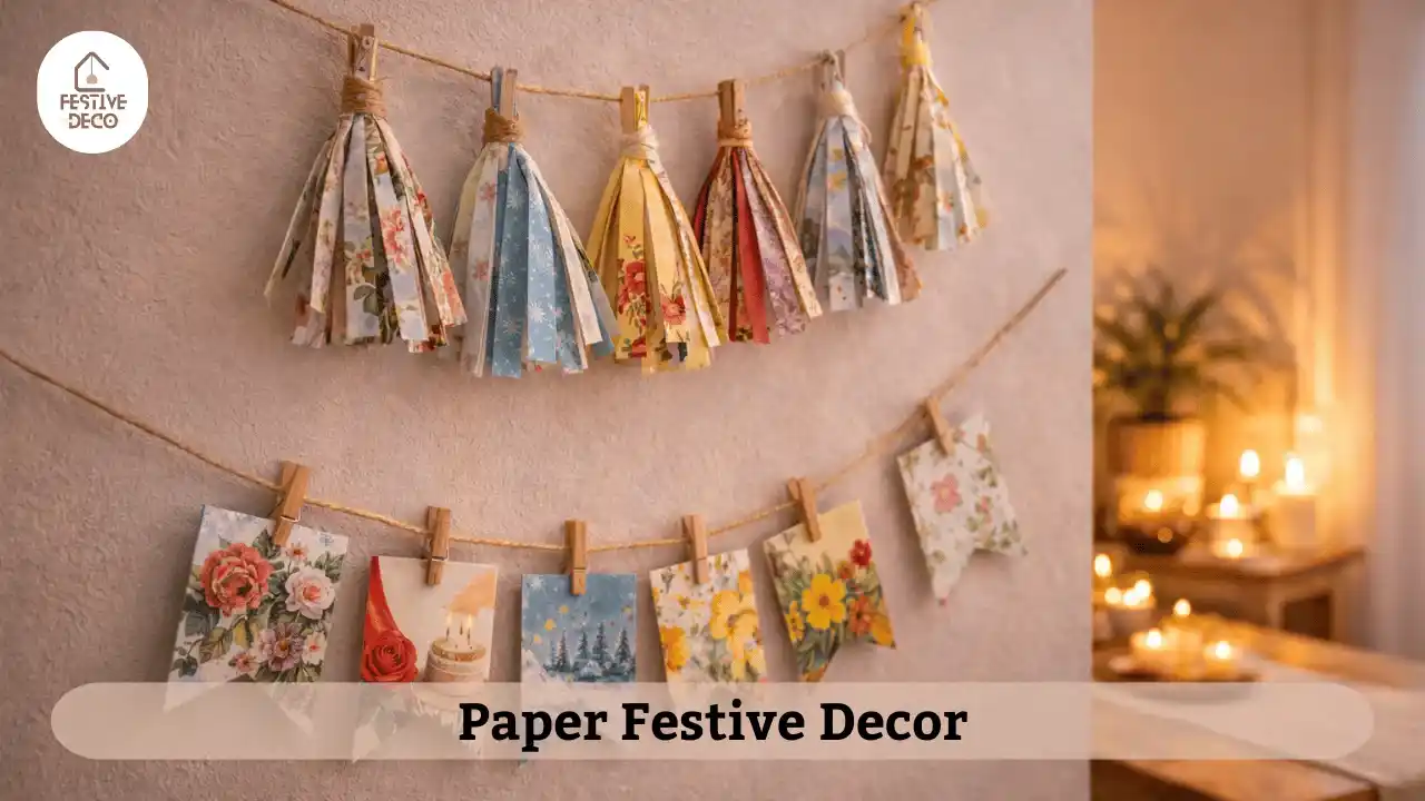 Handmade paper craft decoration using waste material for home festival setup.
