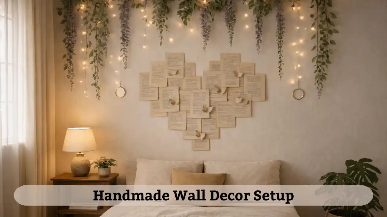Handmade paper wall hangings used for low budget home decoration ideas in a small Indian apartment living room.