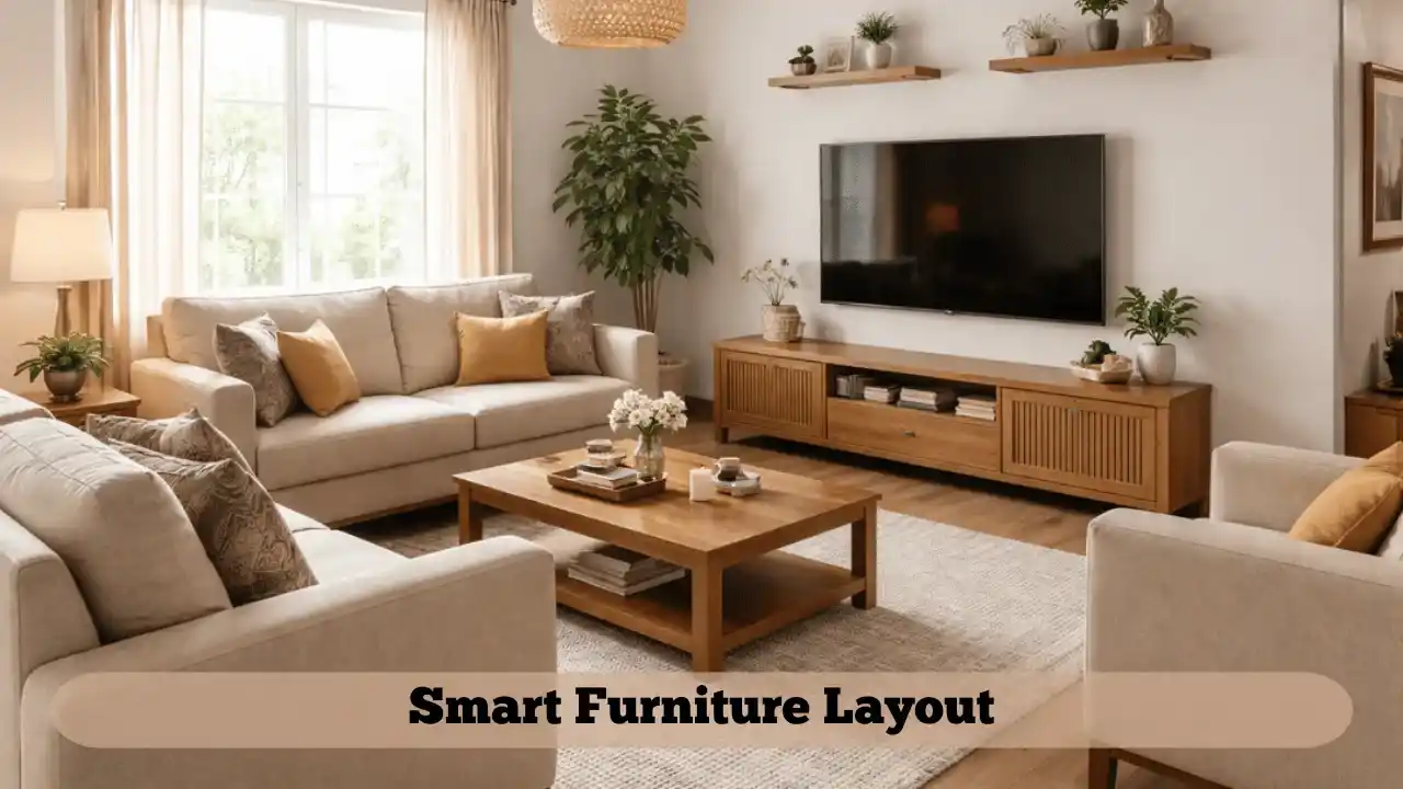 Living room interior design layout showing sofa and coffee table arrangement in a small Indian flat.