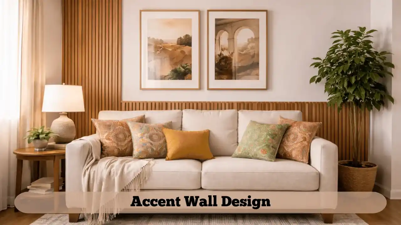 Living room wall design idea using wooden panel accent wall in Indian apartment interior.