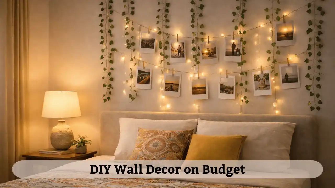 Simple DIY wall decor setup using fairy lights and artificial vines for low budget home decoration ideas in small rooms.