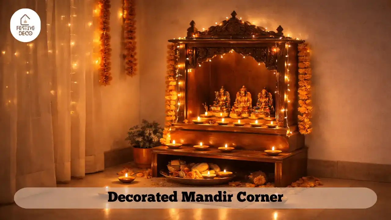 Simple Diwali mandir decoration at home with marigold garlands and glowing diyas.
