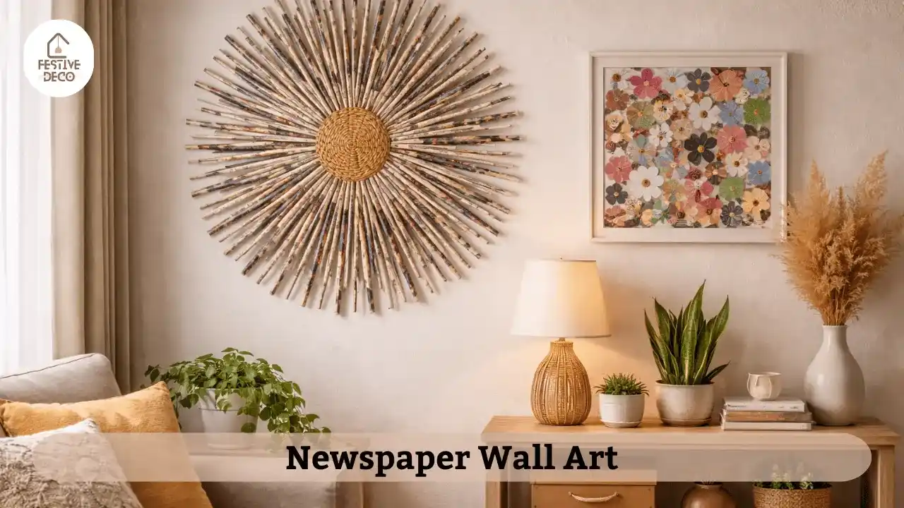 Simple wall decoration made from old newspapers and magazines as part of waste material craft for home decoration.