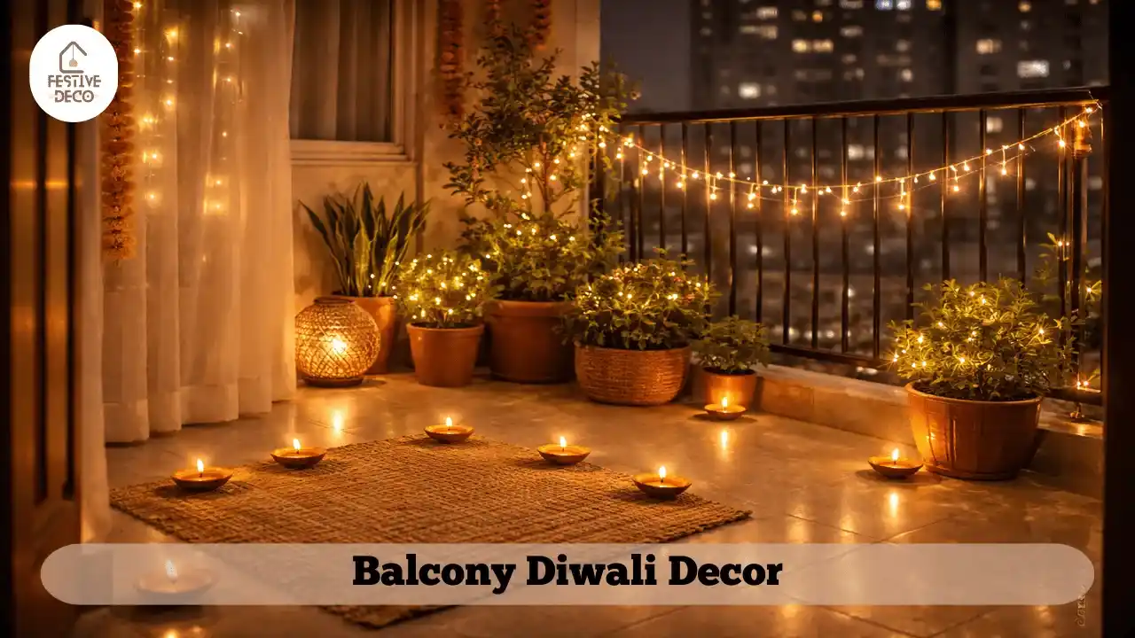 Small balcony decorated with fairy lights and diyas for Diwali in an Indian apartment.