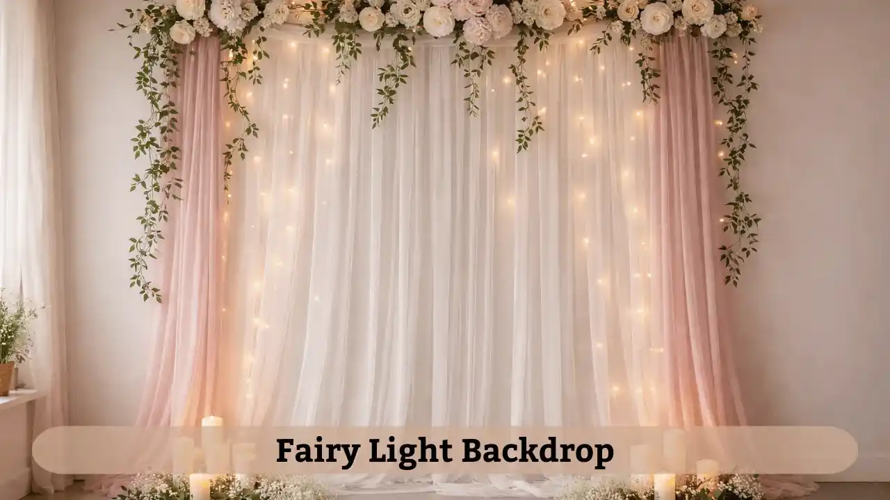 Soft curtain backdrop with fairy lights decoration at home combined with balloons for a warm party.