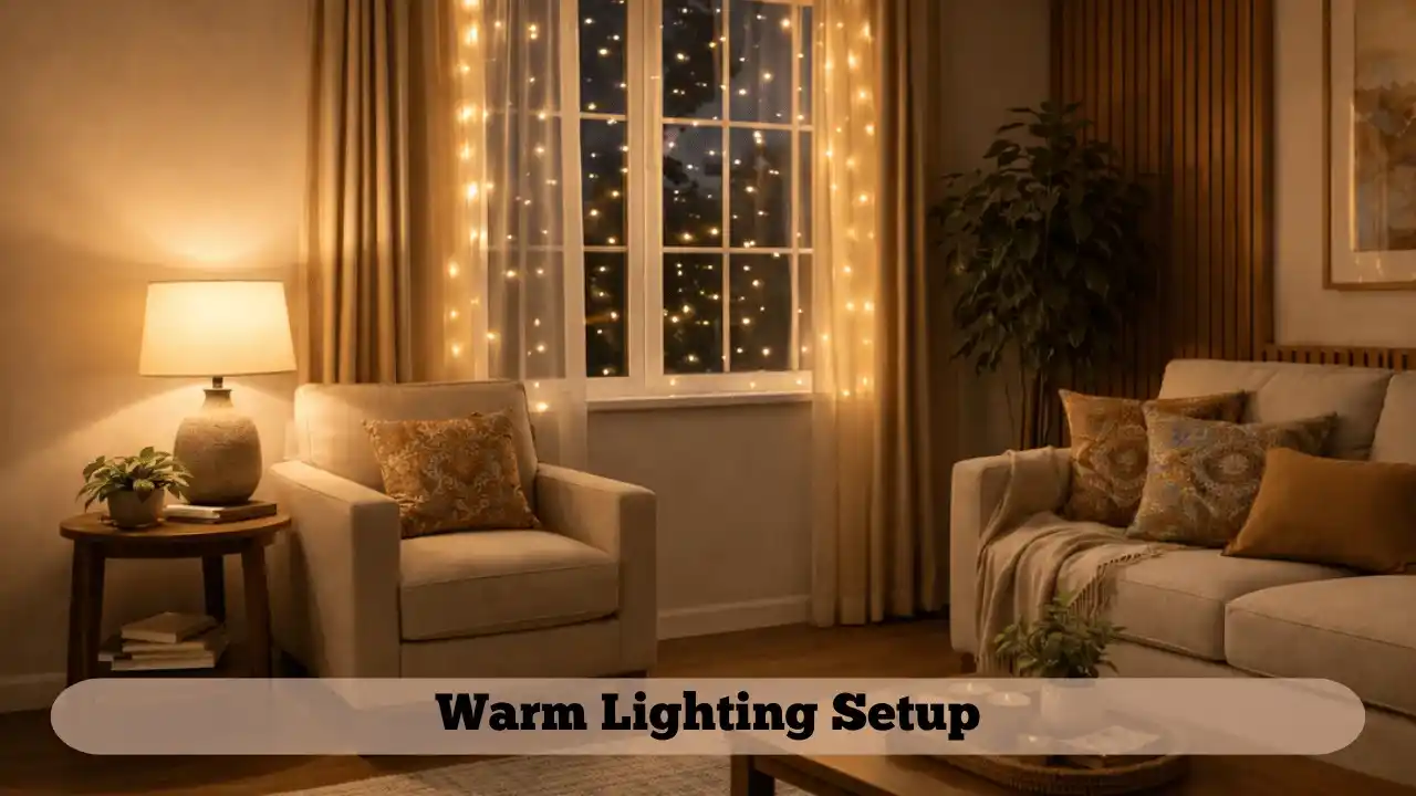 Warm lighting ideas for small living room design in Indian apartment interior.