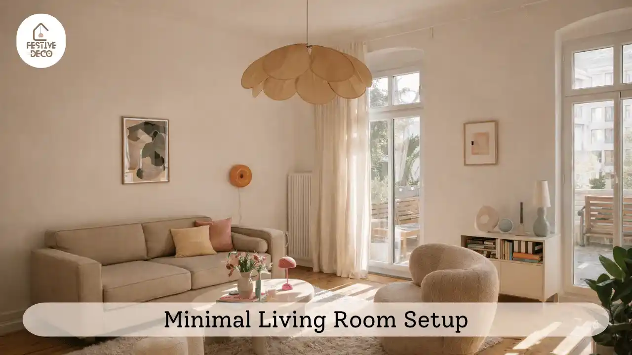 1 BHK living room decoration with minimal furniture and mirror placement to create a spacious and inviting small apartment interior.
