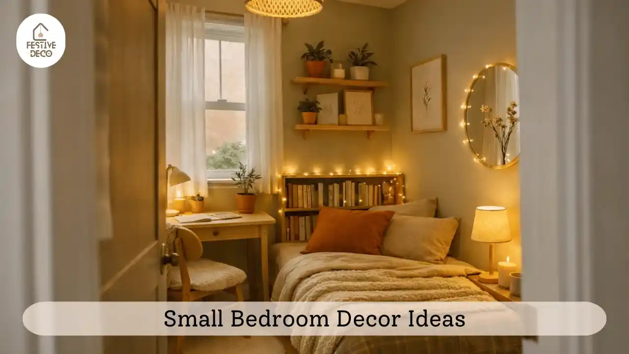 A calm compact bedroom styled with neutral bedding and floating shelves showing simple small bedroom decorating ideas.