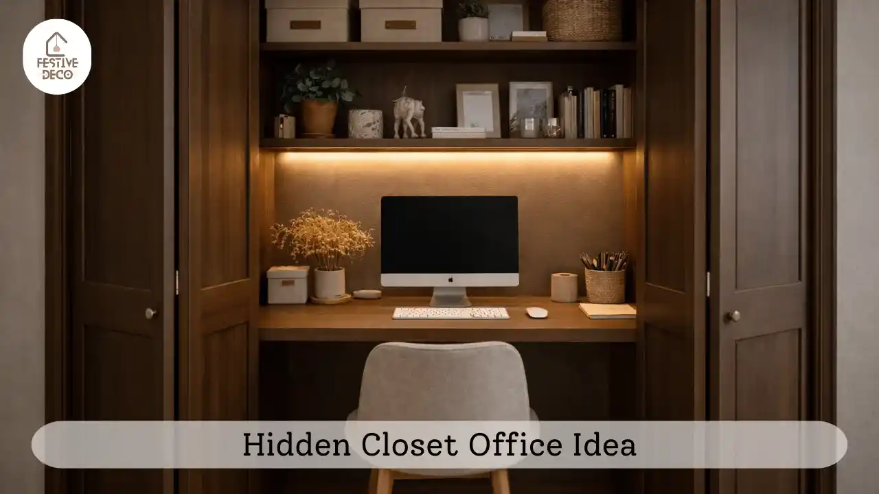 A clever cloffice in a small apartment closet with desk and shelves, showing a hidden home office solution.