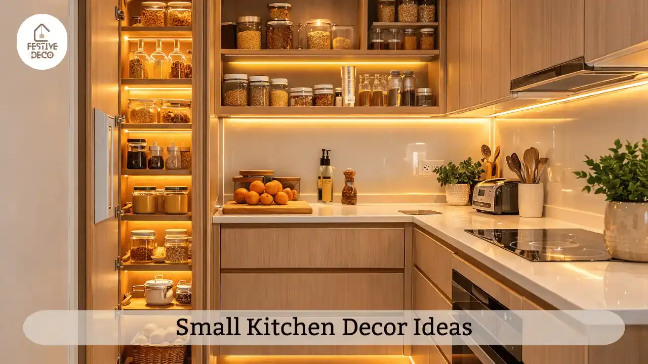 A compact kitchen with open shelves and light colors showing small kitchen decorating ideas for apartments.