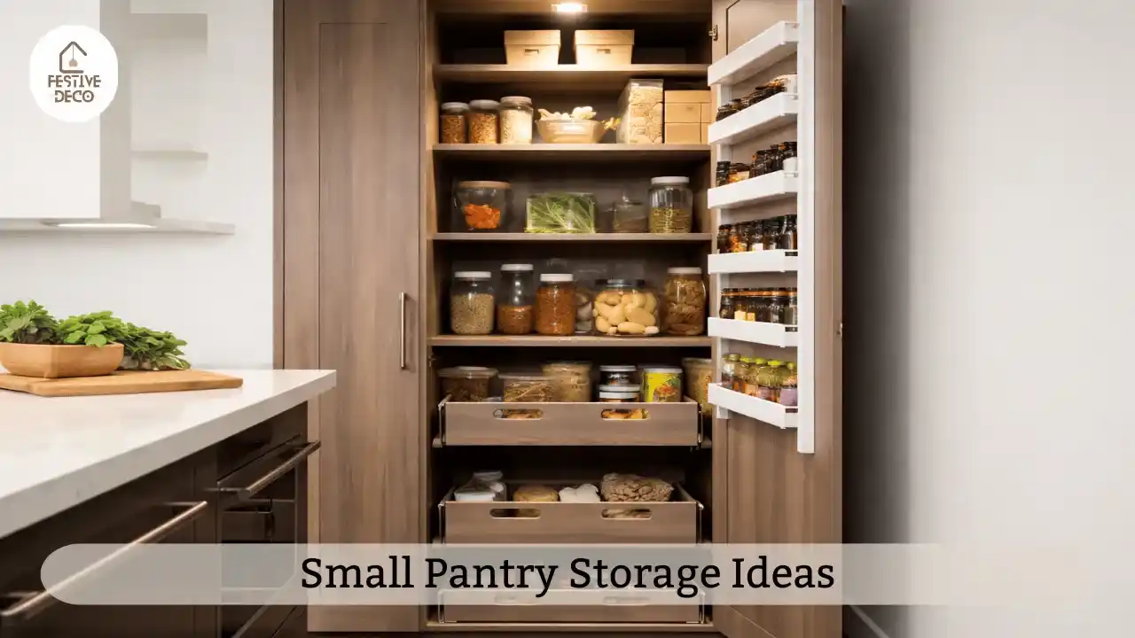 A compact pantry with stacked containers and baskets demonstrating small pantry organization ideas.
