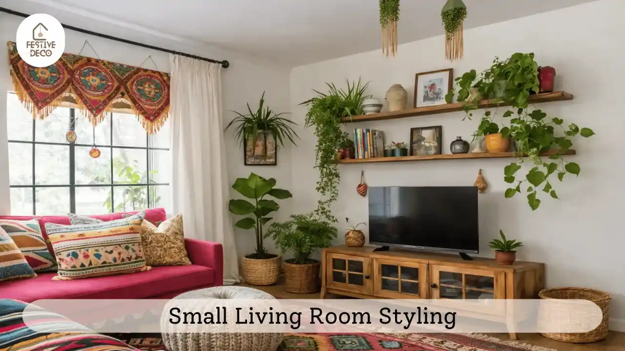 A cozy compact living room setup showing small living room decorating ideas with simple furniture and soft decor.