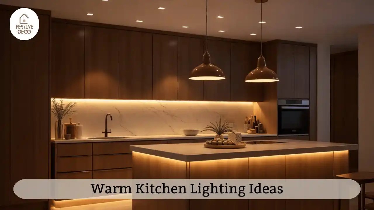 A cozy kitchen with pendant lights and warm glow illustrating modern kitchen decor ideas using layered lighting.