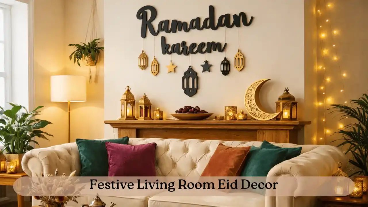 A cozy living room decorated with lanterns, cushions, and crescent moon accents showing beautiful Eid decoration ideas for home celebrations.