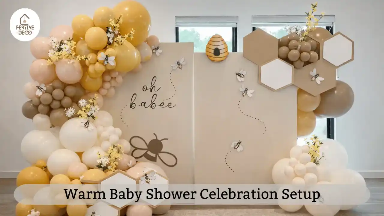 A decorated celebration space with balloons and table decor highlighting simple baby shower decoration ideas for a warm gathering.