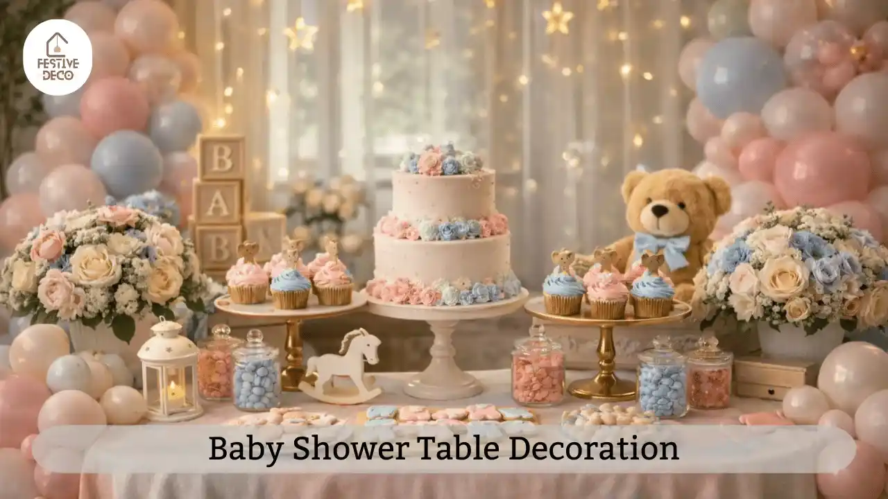 A decorated dessert table with cupcakes, flowers, and pastel decor representing stylish baby shower table decoration ideas.