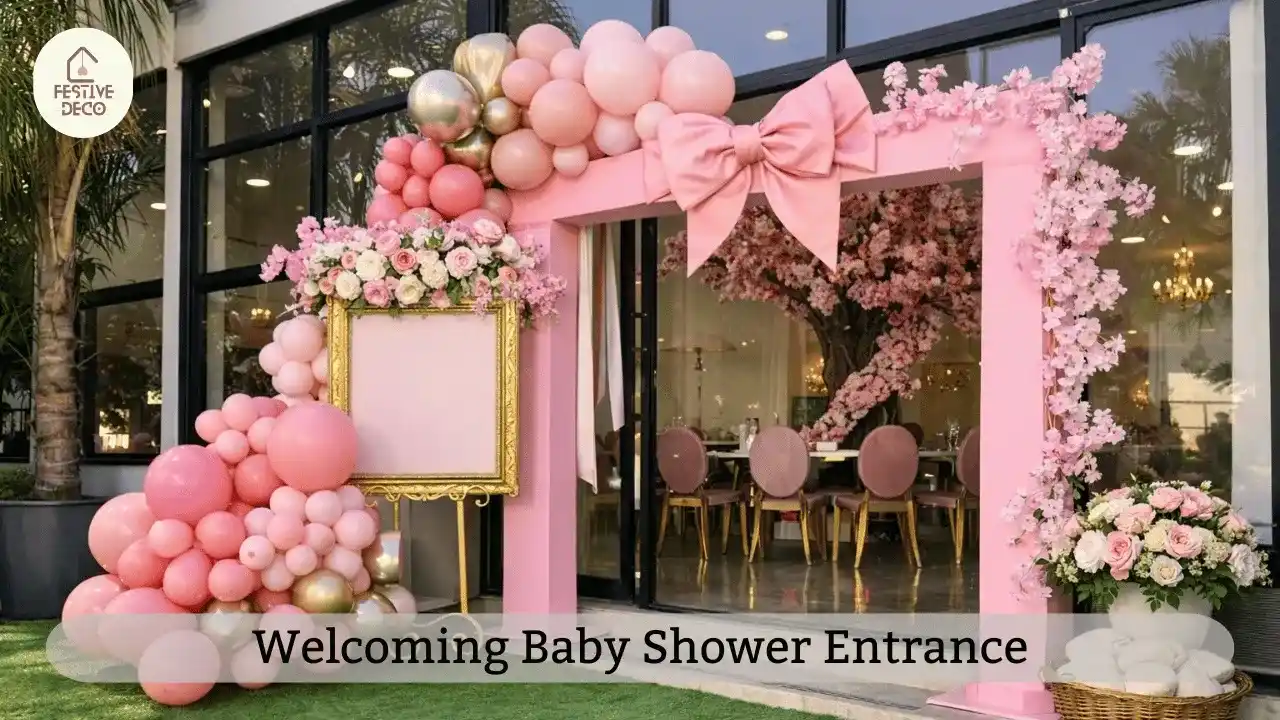 A decorated doorway with pastel balloons and flowers showing welcoming baby shower decoration ideas for guests arriving at the celebration.