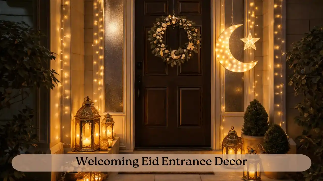 A decorated front entrance showing simple Eid decoration ideas with lantern lights and crescent moon ornaments creating a welcoming festive doorway.