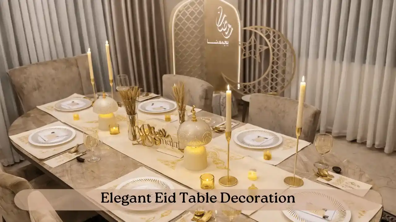 A festive dining table setup featuring sweets, lantern centerpieces, and elegant tableware showing stylish Eid table decoration ideas.