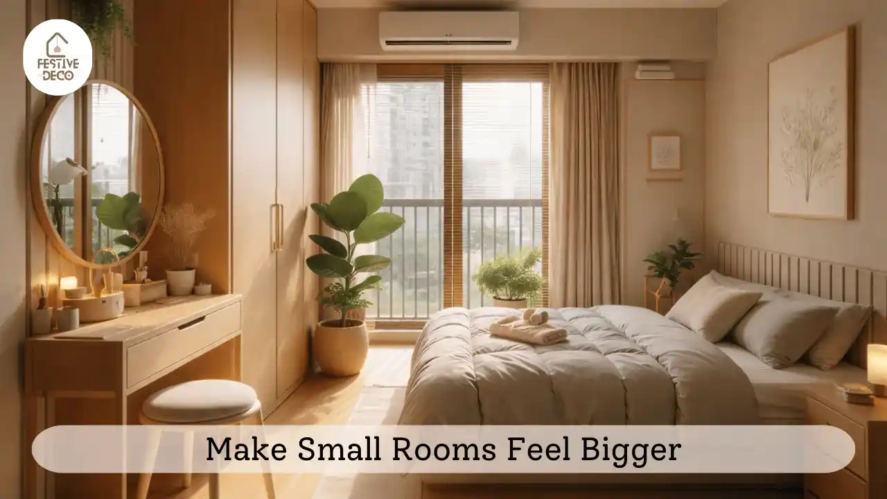 A light and airy room with mirrors and neutral decor demonstrating small room decorating ideas that create a spacious feeling.