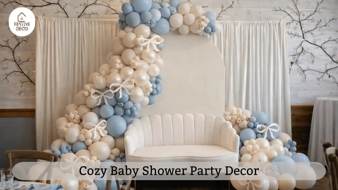 A living room decorated with balloon garlands and pastel decorations showing cozy baby shower party decoration ideas.
