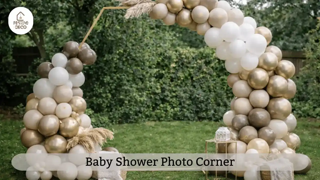A pastel balloon backdrop arranged for pictures showing creative baby shower photo booth and backdrop decoration ideas.