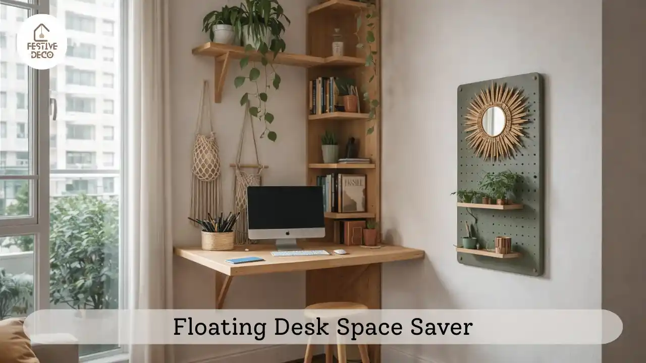 A small apartment home office with a floating desk and shelves, showing a space‑efficient modern workspace idea.