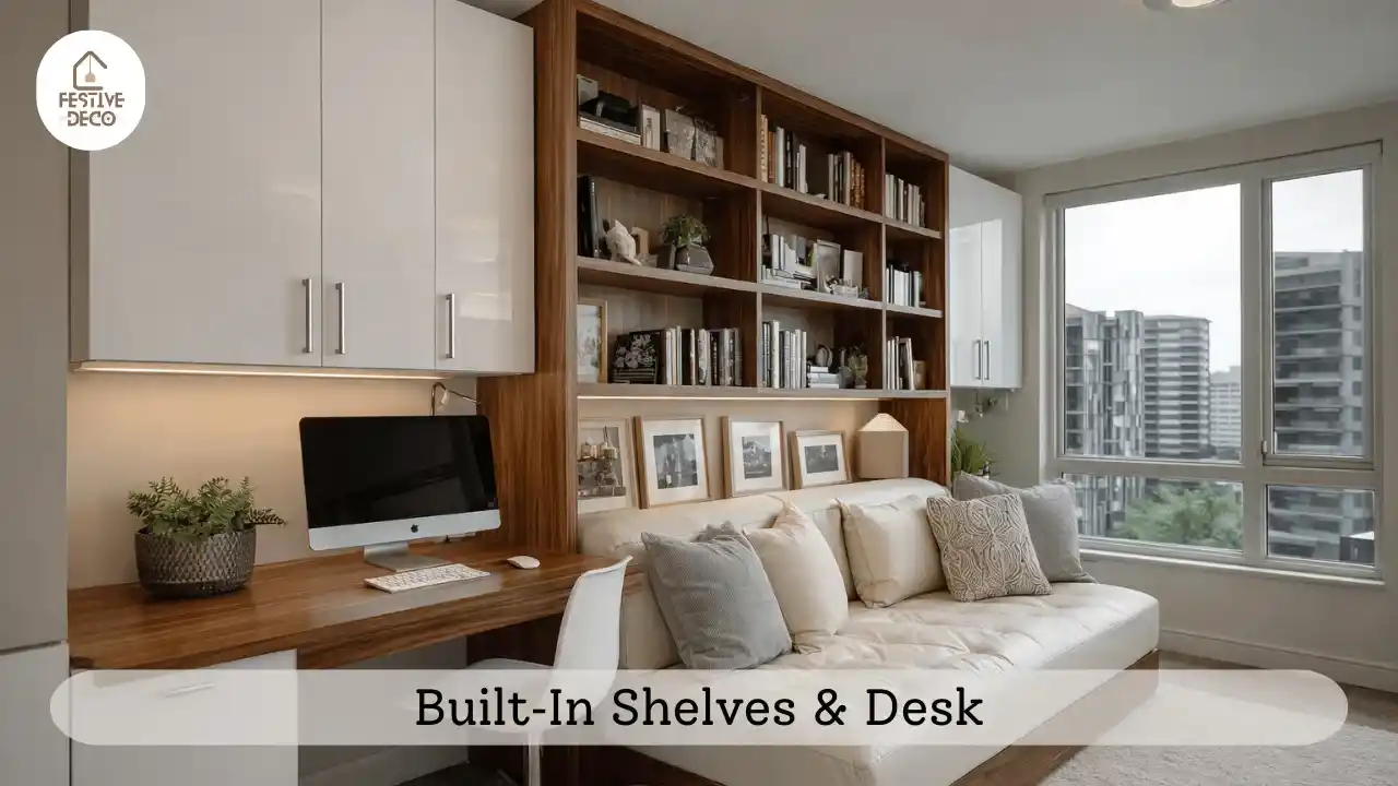 A small apartment workspace with built‑in shelving and desk, combining storage and workspace in a stylish layout.