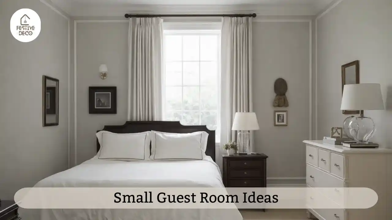 A small guest bedroom with compact furniture showing practical small guest room decoration ideas.