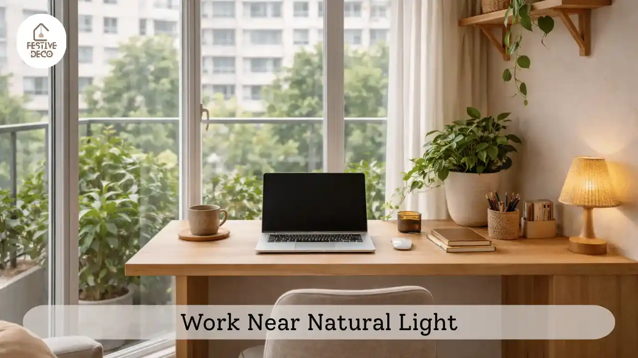 A small home office in an apartment with a window‑facing desk, bathed in natural light with plants for a refreshing workspace.
