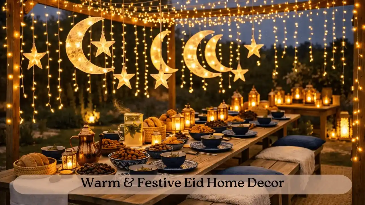 A softly lit home decorated with lanterns and festive ornaments reflecting peaceful and elegant Eid decoration ideas for family celebrations.