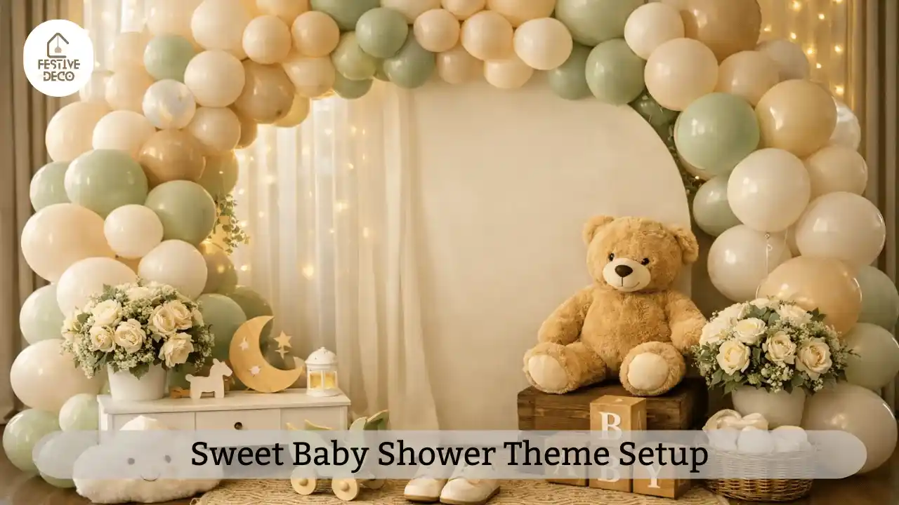 A teddy bear themed party area decorated with pastel balloons and soft colors representing simple baby shower theme ideas.