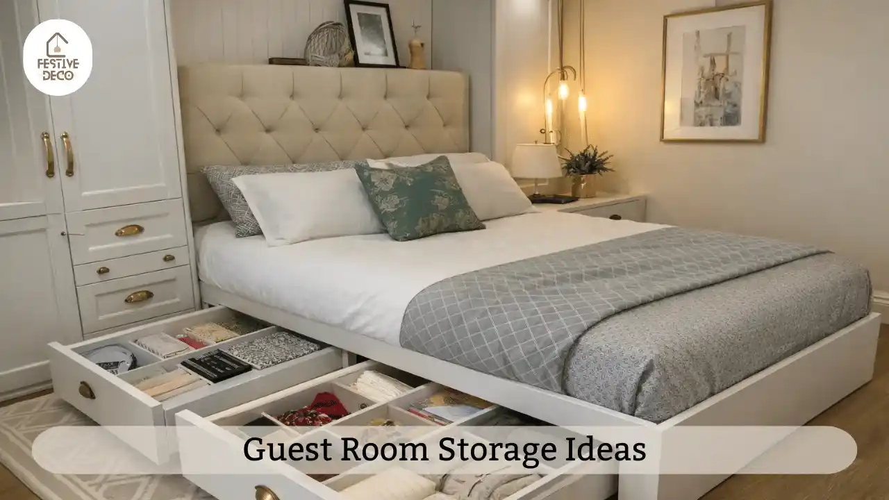A tidy guest bedroom with dresser and baskets showing simple guest room organization ideas.