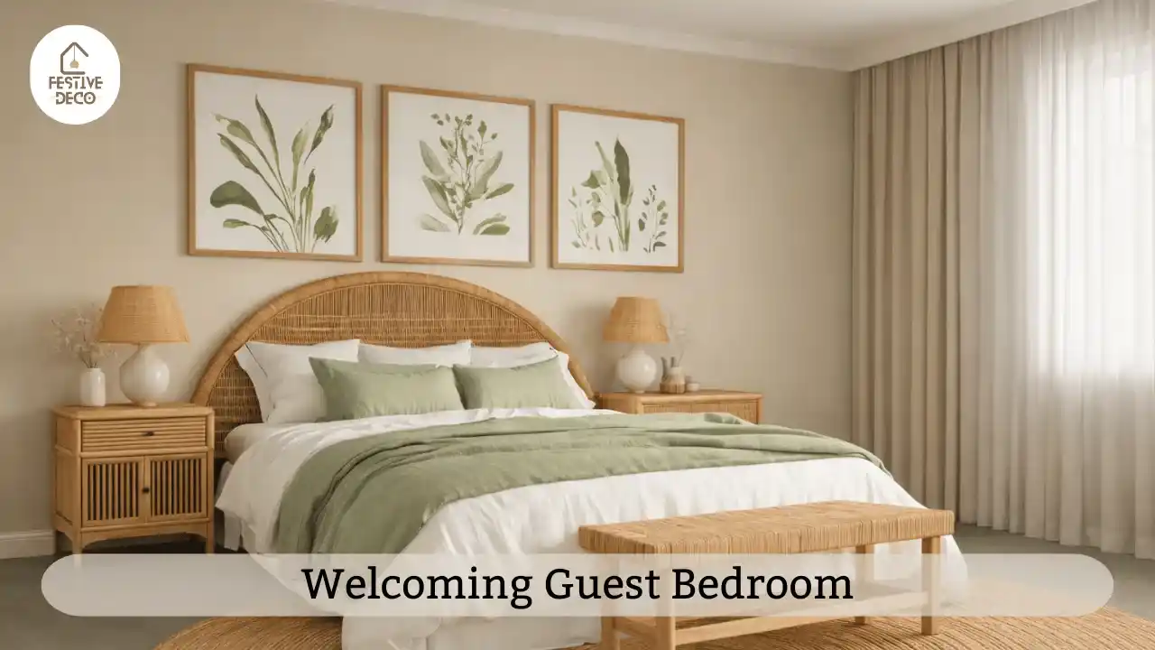 A warm and inviting guest bedroom interior reflecting simple guest room decor ideas.