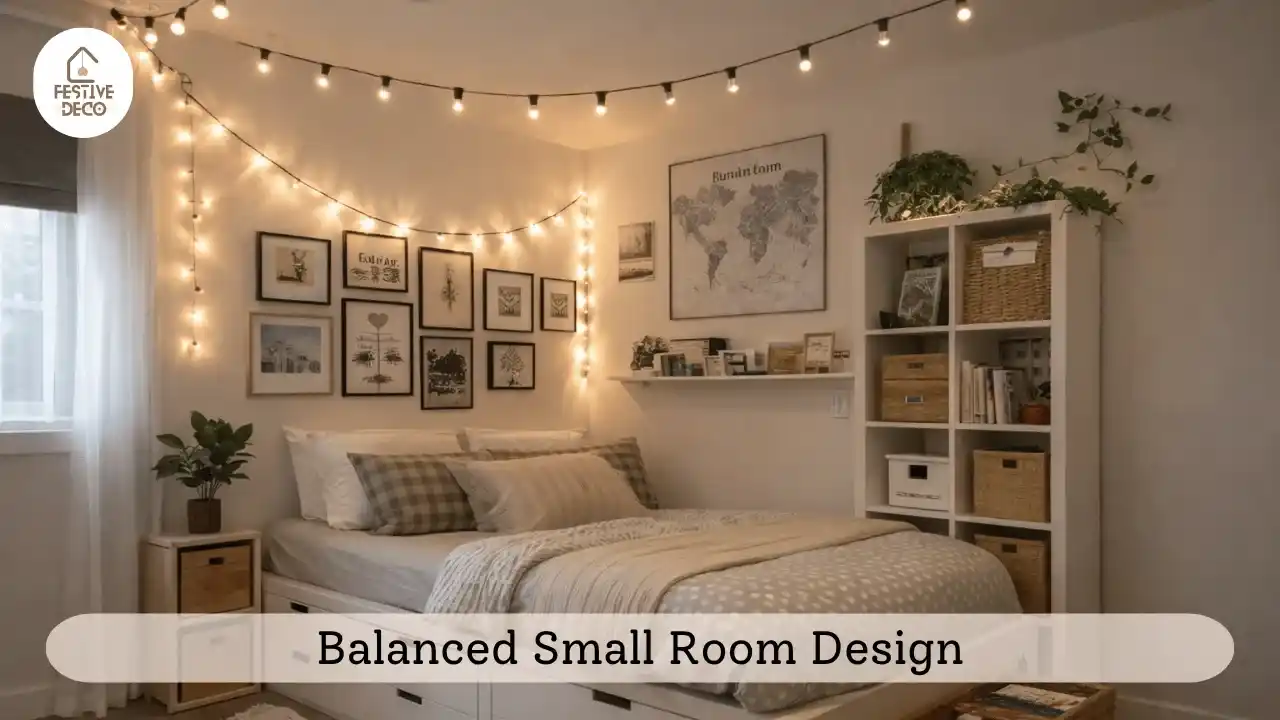 A well-organized small bedroom showing balanced small apartment decor ideas with simple furniture and calming interior design.