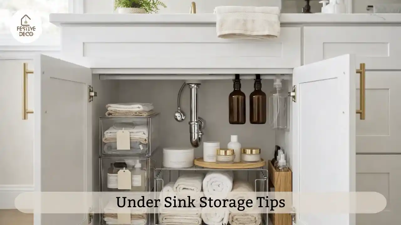 A well organized under sink cabinet showing practical under sink bathroom storage ideas.